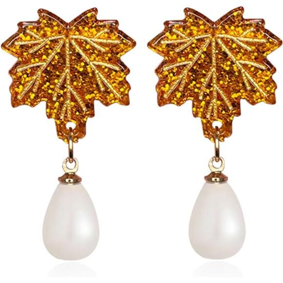 Crystal Maple Leaf Earrings | Sparkly Orange Red Dangle Drops - Picture 1 of 5